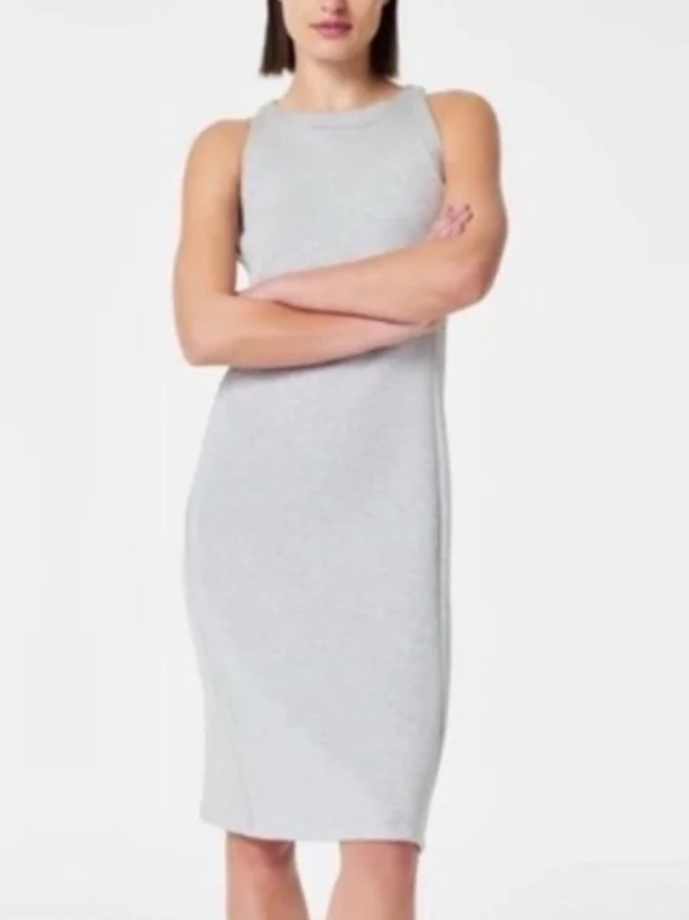 SPANX NEW Air Essentials Side Stripe Midi Dress in Light Grey Heather